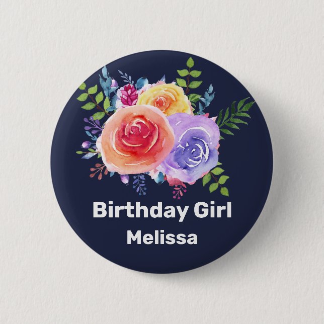 Badge Rond 5 Cm Fille d'anniversaire Roses de l'aquarelle (Devant)