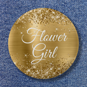 Badge Rond 5 Cm Fille de Fleurs Paillettes Or Feuille
