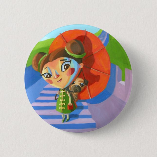 Badge Rond 5 Cm Fille de la Chine avec le carlin (Devant)