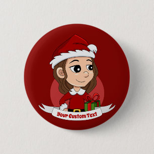 Badge Rond 5 Cm Fille de Noël aux cheveux bruns ondulés