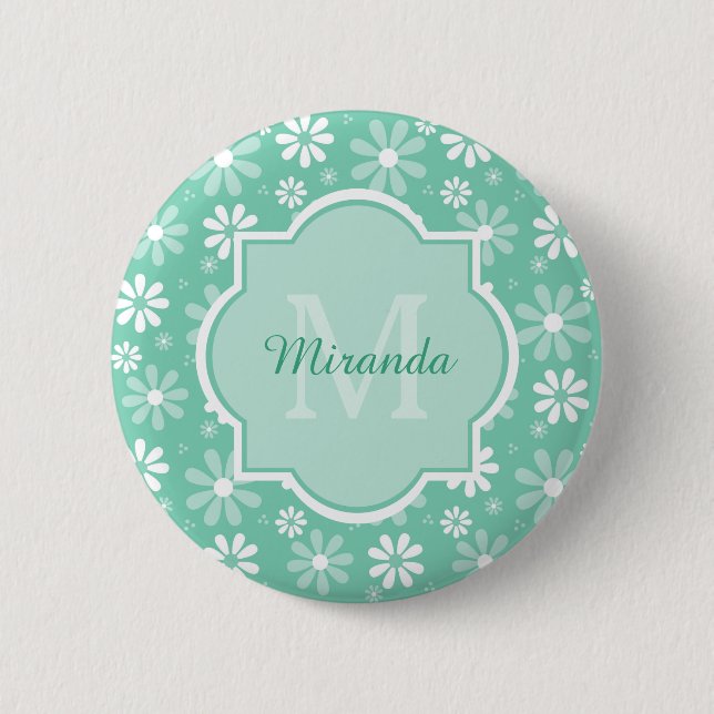 Badge Rond 5 Cm Fille Monogramme Monnaie Blanc Fleurs de marguerit (Devant)