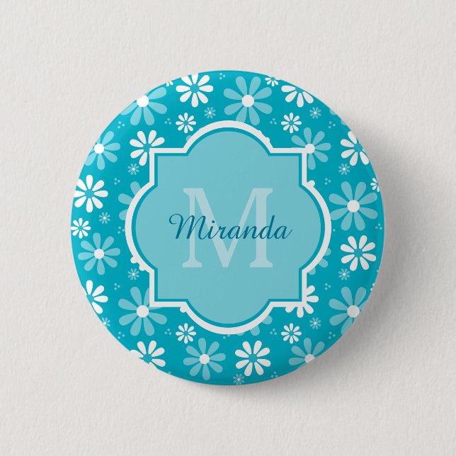 Badge Rond 5 Cm Fille Monogramme Turquoise Daisy Fleurs Avec Nom (Devant)