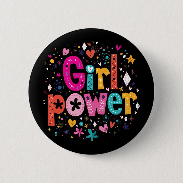 Badge Rond 5 Cm Fille Power brillant noir (Devant)
