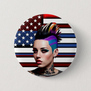 Badge Rond 5 Cm Fille punk mohawk avec drapeau américain