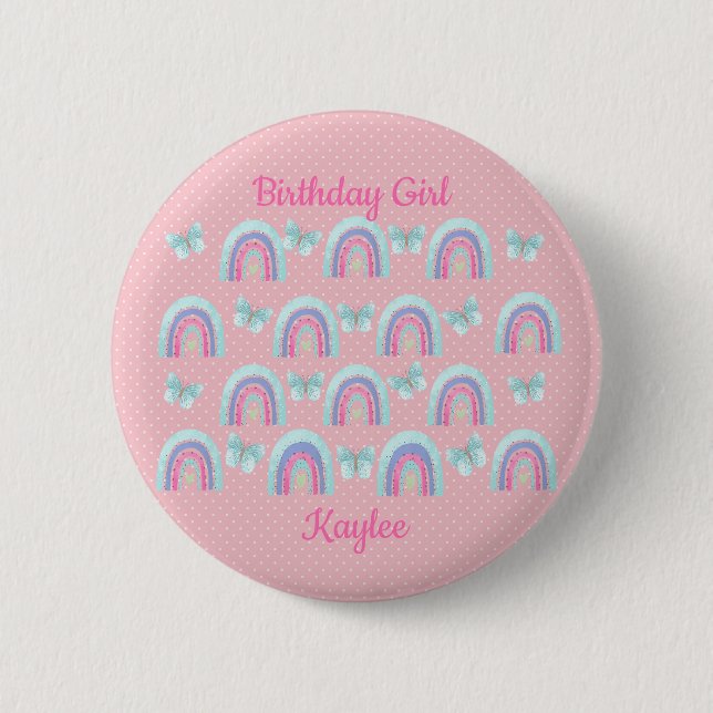 Badge Rond 5 Cm Filles d'anniversaire Rainbows, papillons et Pois (Devant)