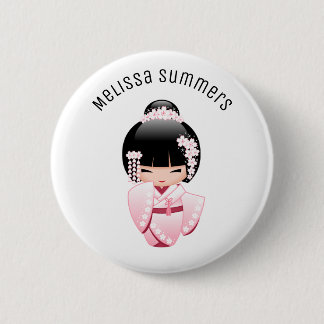 Badge Rond 5 Cm Fillette Kokeshi Mignonne Kimono Rose Nom Personna