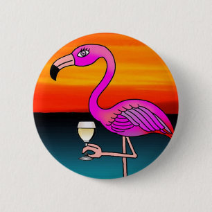 Badge Rond 5 Cm Flamant buveur de vin rose