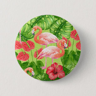 Badge Rond 5 Cm Flamant rose et plantes tropicaux