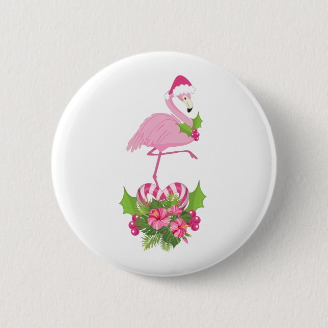 Badge Rond 5 Cm Flamant rose rose à Santa Hat Noël Whimsical (Devant)