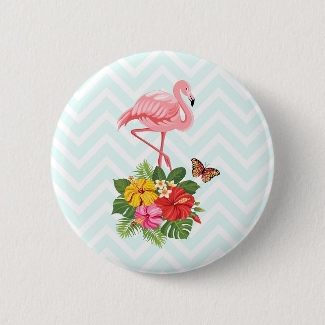 Badge Rond 5 Cm Flamant rose rose & Hibiscus Tropical Fancy (Devant)