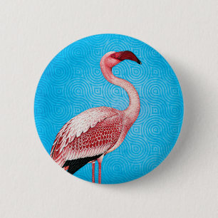 Badge Rond 5 Cm Flamant rose rose sur le rétro motif bleu