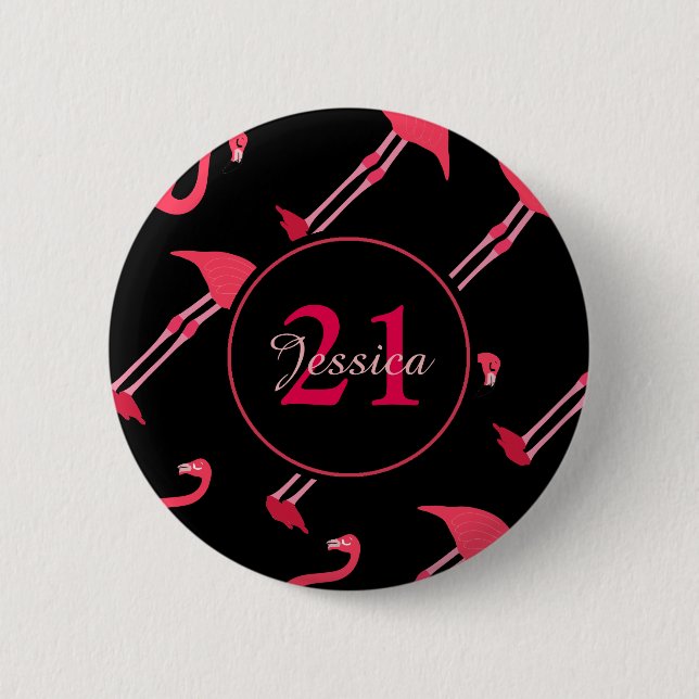 Badge Rond 5 Cm Flamants roses roses sur Noir 21e anniversaire Per (Devant)