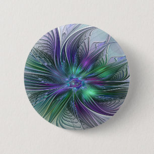 Badge Rond 5 Cm Fleur Abstraite Moderne Art Fractal Vert Violet
