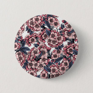 Badge Rond 5 Cm Fleur de cerisier rose et bleu