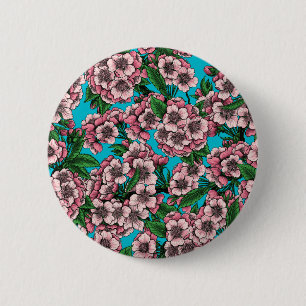 Badge Rond 5 Cm Fleur de cerisier sur bleu