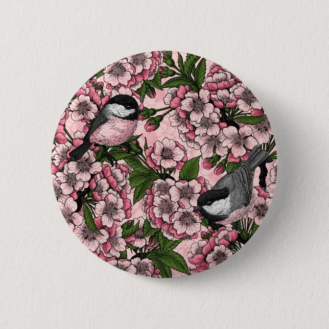 Badge Rond 5 Cm Fleur de cerisiers et poulets roses (Devant)