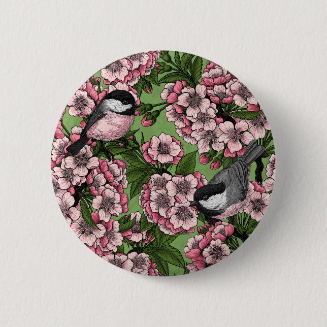 Badge Rond 5 Cm Fleur de cerisiers et poulets verts (Devant)