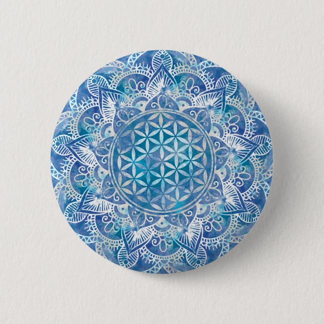 Badge Rond 5 Cm Fleur de vie à Lotus - Aquarelle Bleu (Devant)