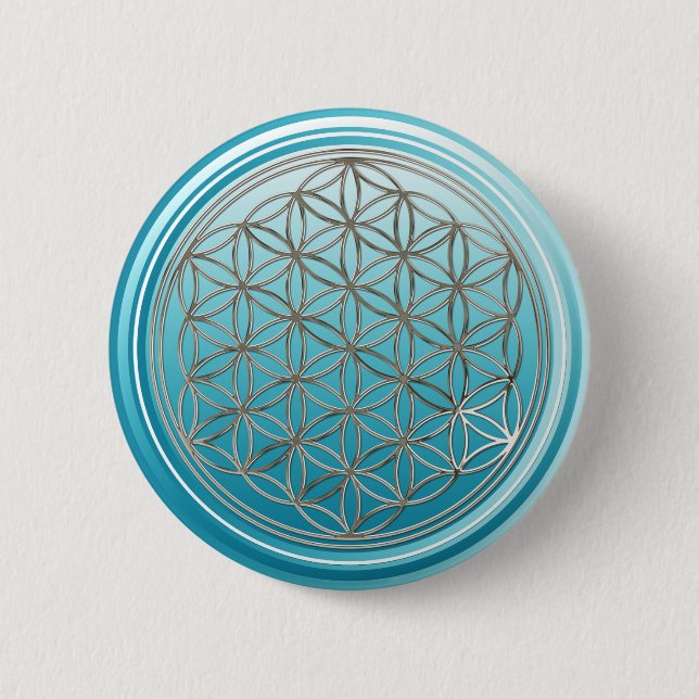 Badge Rond 5 Cm Fleur de vie / Blume des Lebens - Cyan ARGENT (Devant)