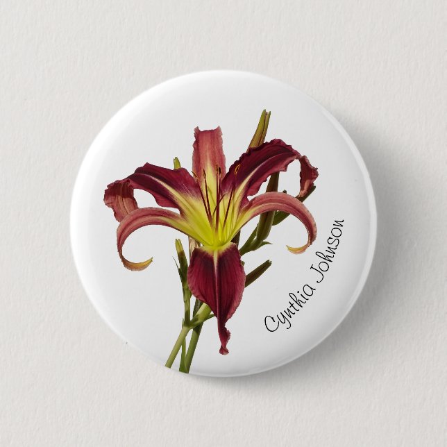 Badge Rond 5 Cm Fleur diurne / Lys araignée / Bourgogne & Jaune / (Devant)