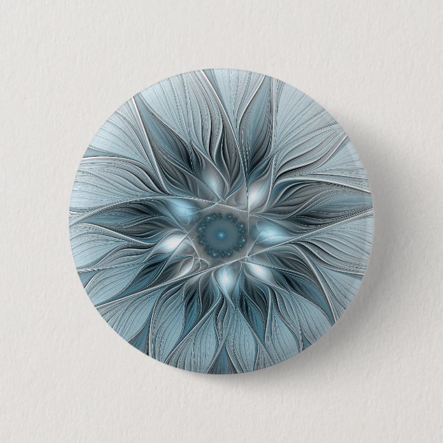 Badge Rond 5 Cm Fleur Joyeuse Abstrait gris bleu floral Fractal (Devant)