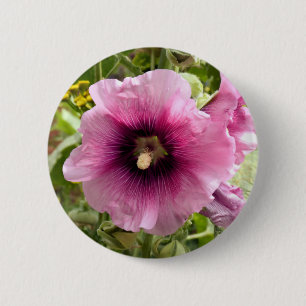 BADGE ROND 5 CM FLEUR ROSE HOLLYHOCK
