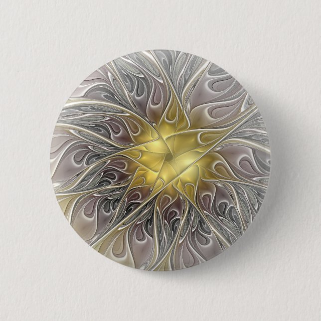 Badge Rond 5 Cm Fleurir Avec Or Moderne Fleur Abstraite Fractale (Devant)