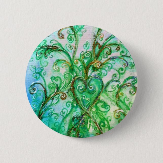 Badge Rond 5 Cm FLEURS BLANCHES Vert Bleu Coeur Floral (Devant)