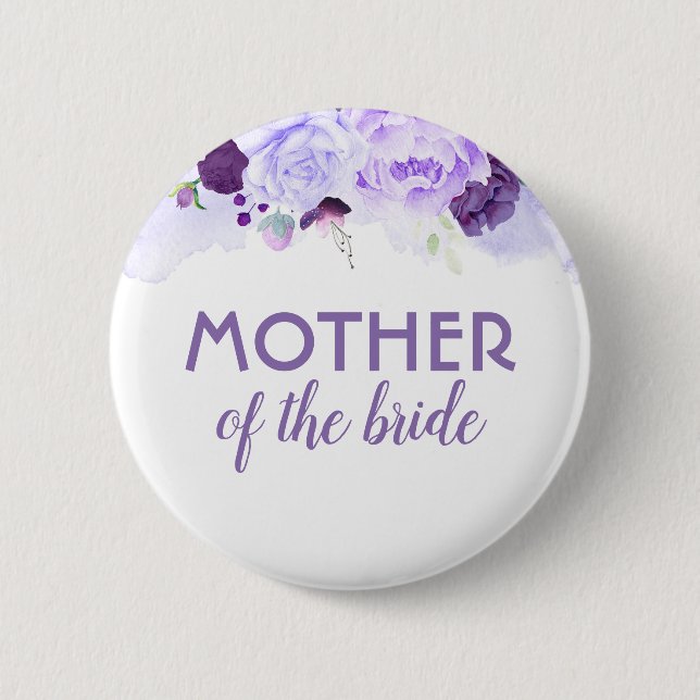 Badge Rond 5 Cm Fleurs d'aquarelle violette Mariage élégant (Devant)