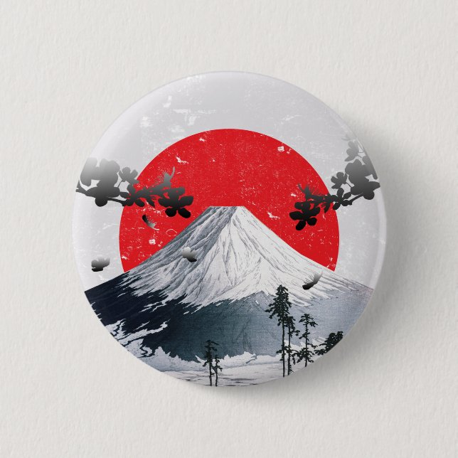 Badge Rond 5 Cm Fleurs de cerisiers Mont Fuji Japon (Devant)