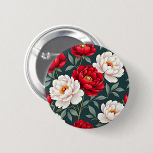 Badge Rond 5 Cm Fleurs de pivoine rouges et blanches