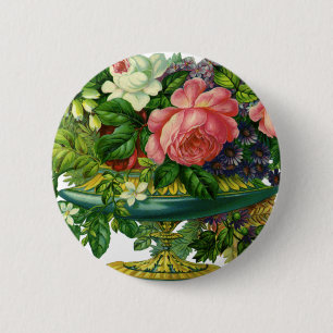 Badge Rond 5 Cm Fleurs de roses vintage, Vase de fleurs