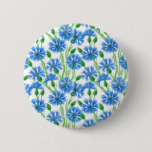 Badge Rond 5 Cm Fleurs d'eau bleu, fleurs sauvages sur blanc