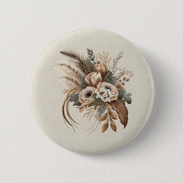 Badge Rond 5 Cm Fleurs Élégantes Feuillage et plumes (Devant)