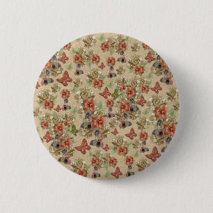 Badge Rond 5 Cm Fleurs en cuir sur daim crème