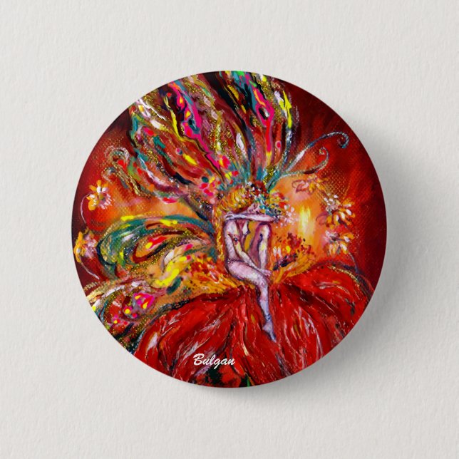 Badge Rond 5 Cm FLEURS EN Imaginaire ROUGE (Devant)
