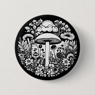 Badge Rond 5 Cm Fleurs et champignons noirs et blancs Vintages