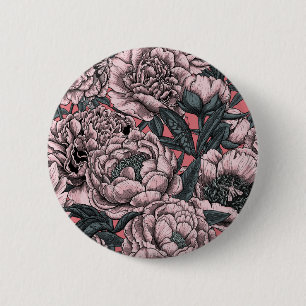 Badge Rond 5 Cm Fleurs et moisissures de pivoines roses