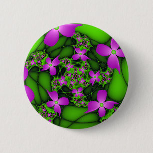 Badge Rond 5 Cm Fleurs fractales Abstraites de néon rose vert