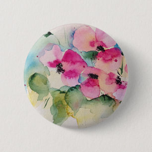 Badge Rond 5 Cm Fleurs roses à l'aquarelle