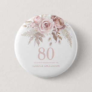 Badge Rond 5 Cm Fleurs roses blanches 80e fête d'anniversaire