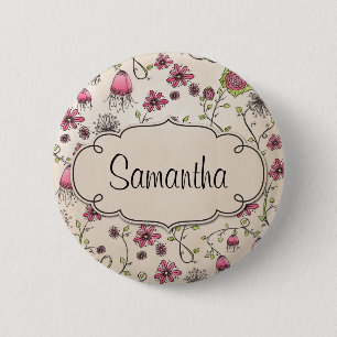 Badge Rond 5 Cm Fleurs roses élégantes avec le cadre pour le nom