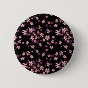 Badge Rond 5 Cm Fleurs roses sur le noir
