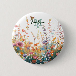 Badge Rond 5 Cm Fleurs sauvages aquarelle monogramme nom personnal