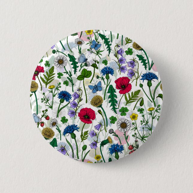 Badge Rond 5 Cm Fleurs sauvages sur blanc cassé (Devant)
