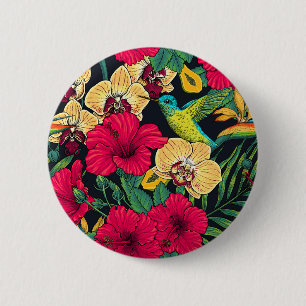 Badge Rond 5 Cm Fleurs tropicales et colibri - Botanica d'été