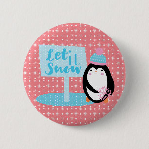 Badge Rond 5 Cm Flocons Mignons Manchot Noir Blanc Bouton