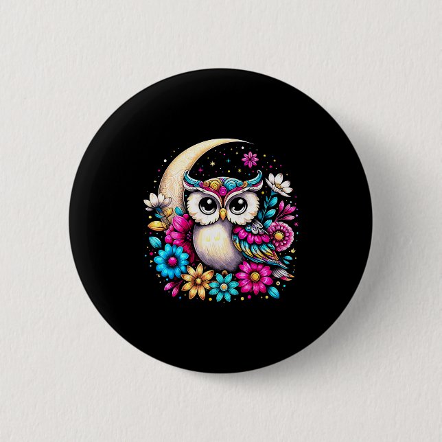 Badge Rond 5 Cm Floral Owl And Moon  (Devant)