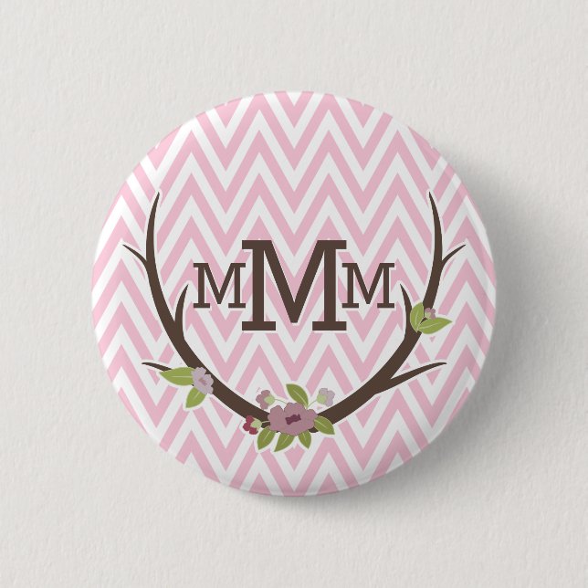 Badge Rond 5 Cm Floral Pink Chevron Motif Monogramme (Devant)