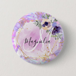 Badge Rond 5 Cm Floral violet, rose et or Marbre arc-en-ciel Monog